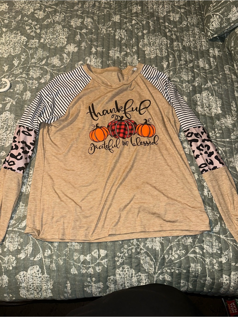 Thankful Grateful and Blessed Beige Long-Sleeve Women's Top